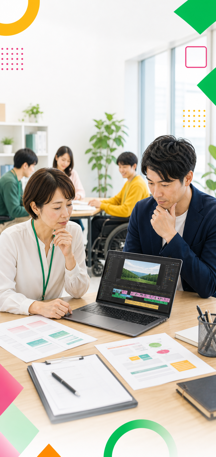 就労支援事業所で動画編集メニュー導入について相談する支援員と事業者